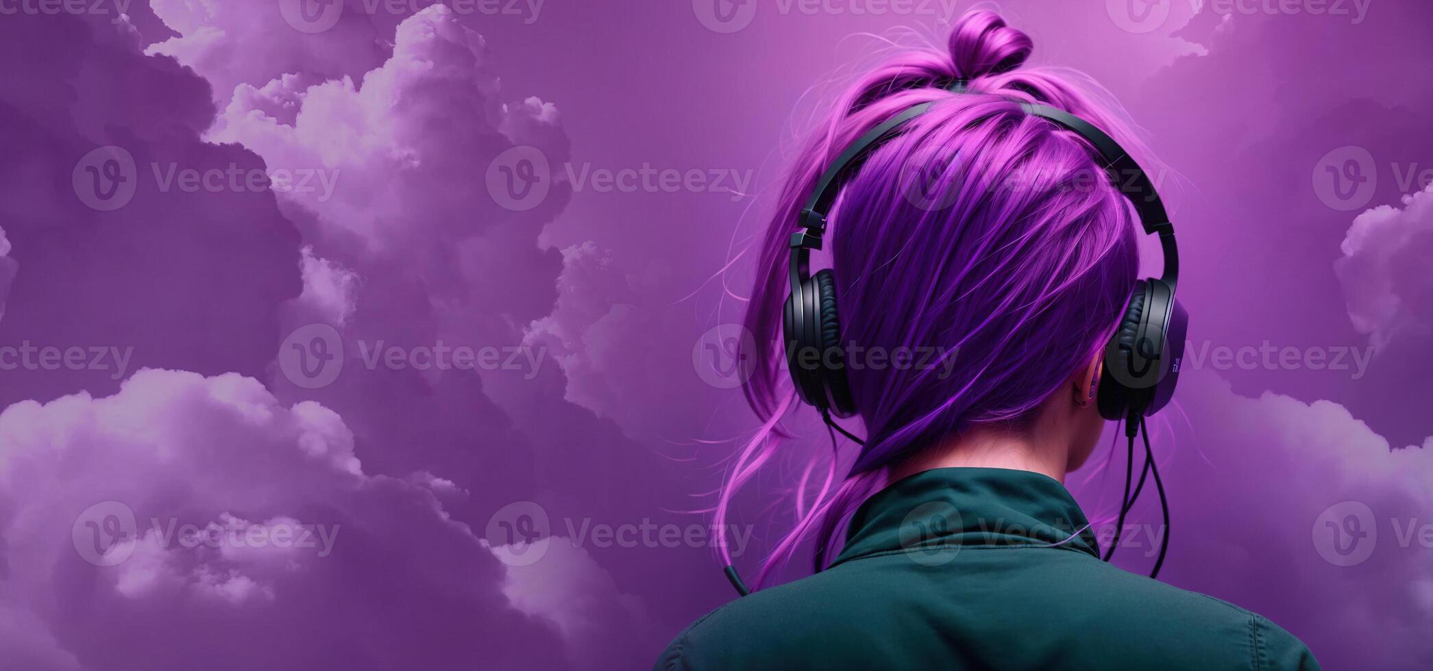 girl in headphones with purple hair listens to music on a purple background back view, banner photo