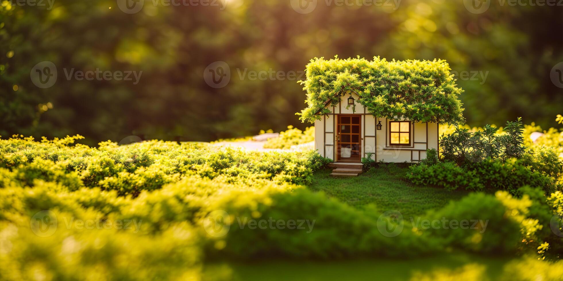 model of a small wooden house with a moss roof on a green blurred background banner photo