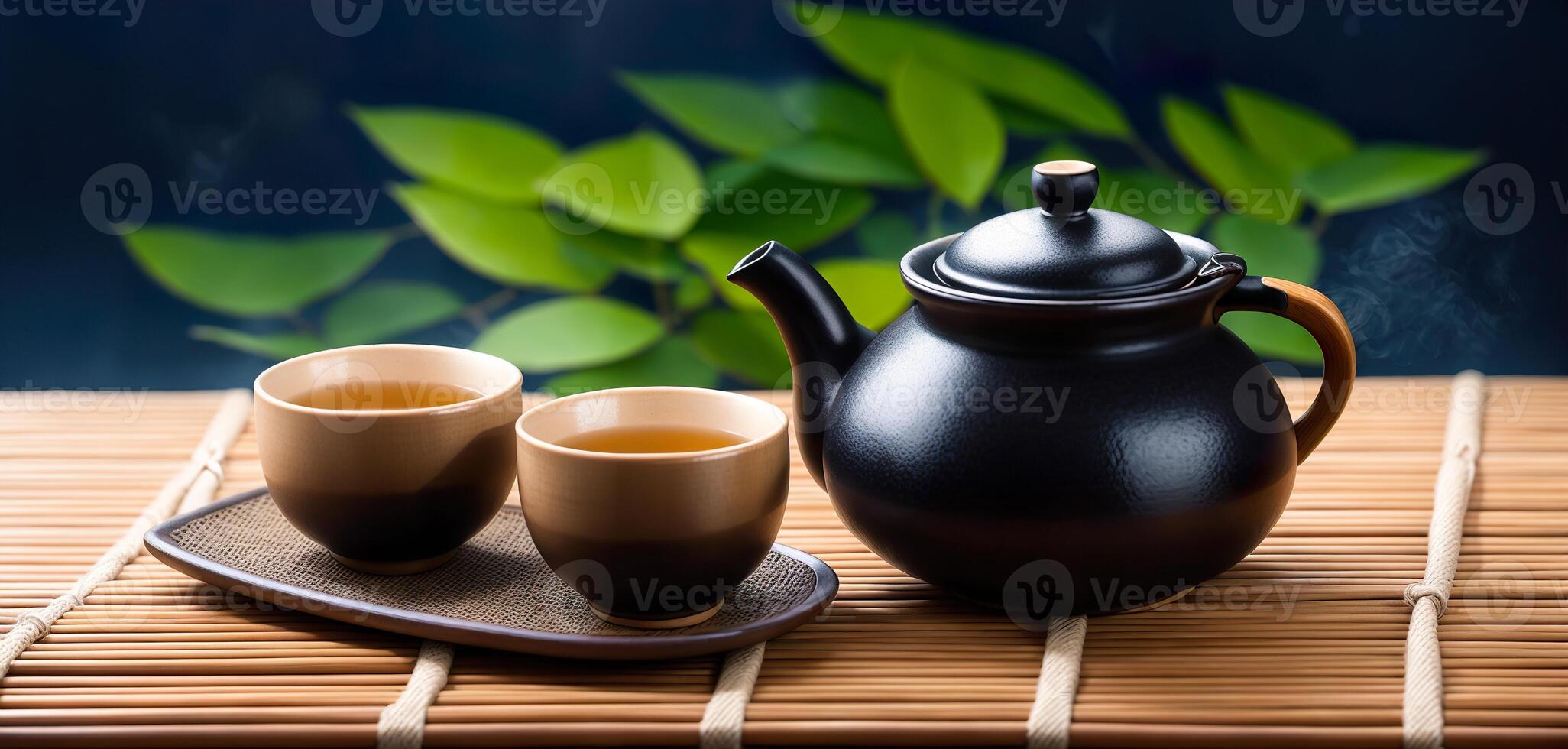 japanese tea set on bamboo mat tea ceremony photo