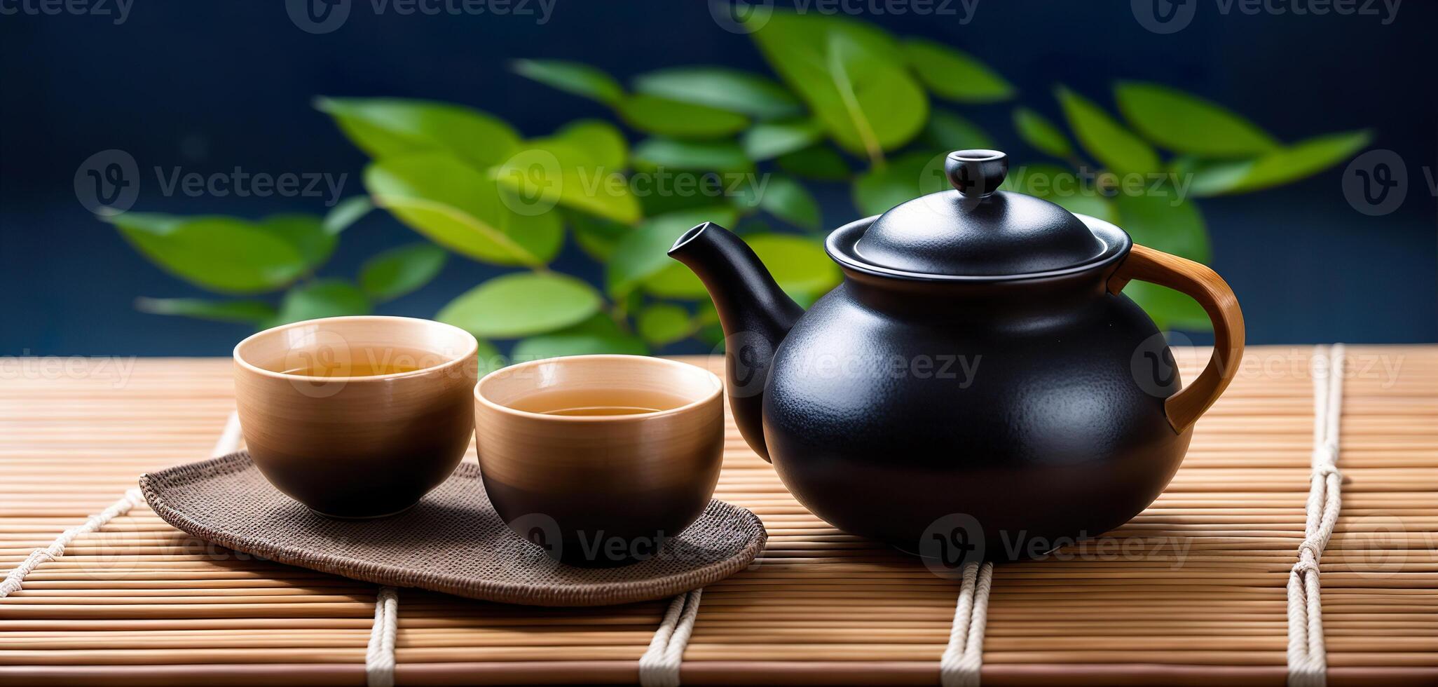 japanese tea set on bamboo mat tea ceremony photo