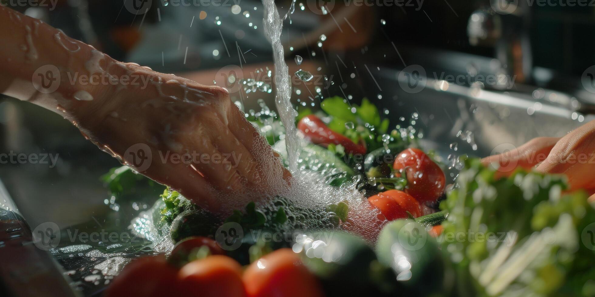 hands wash vegetables splashing water photo