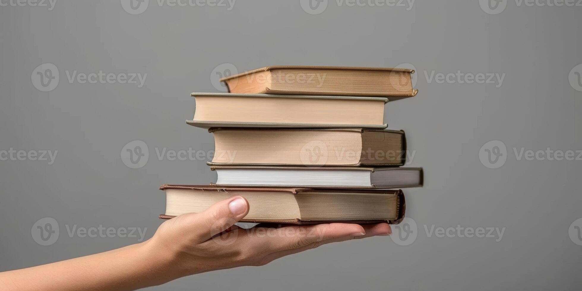 hands holding stacks of books photo
