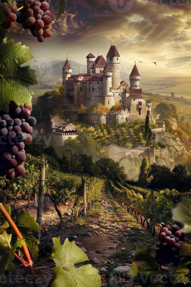 grape fields against the backdrop of a medieval castle photo