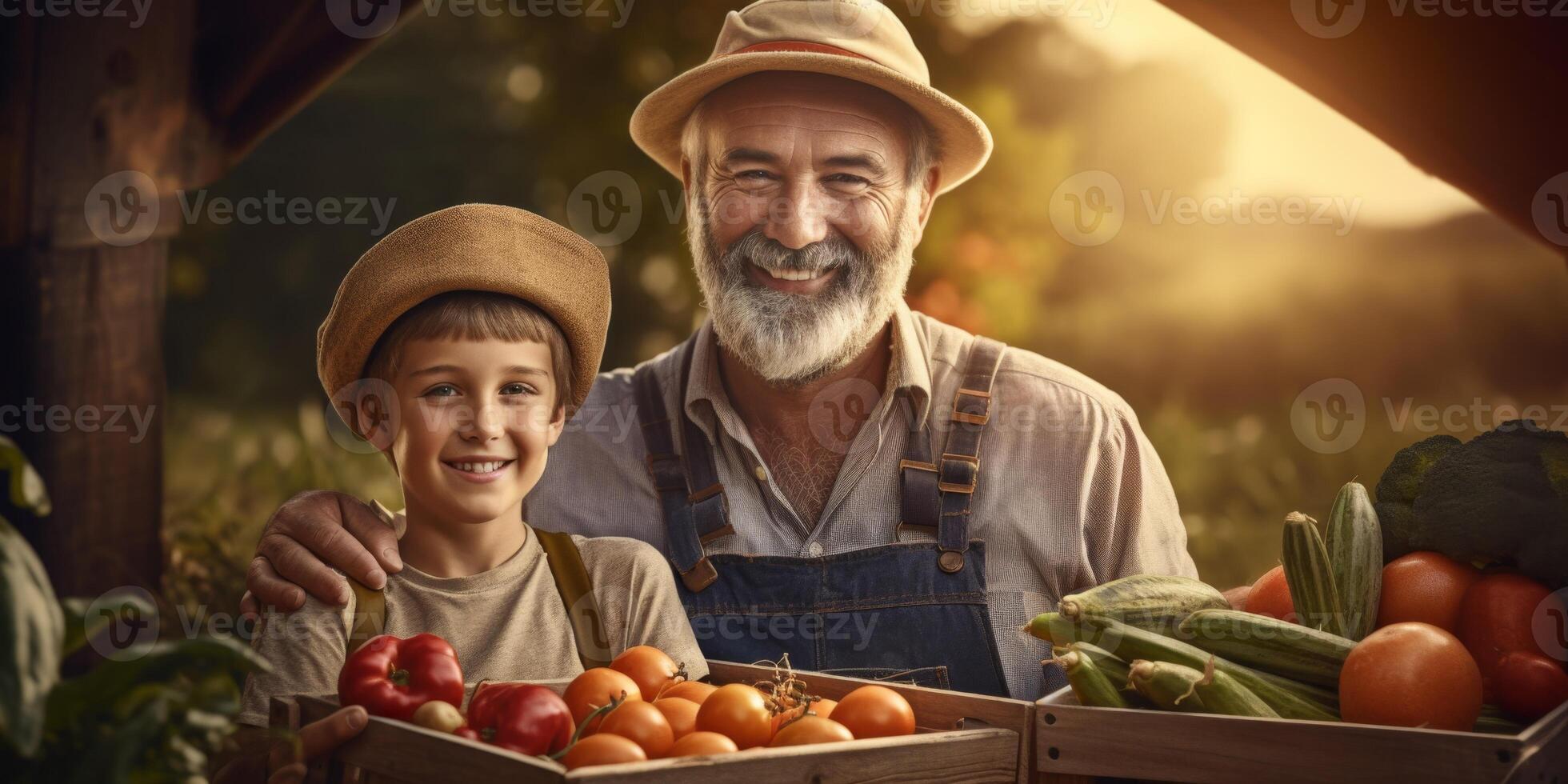Farmer holding vegetables and fruits in his hands photo