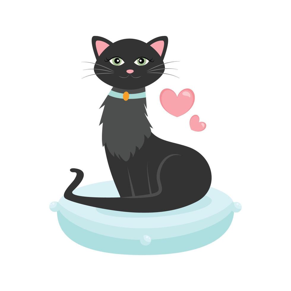 Cartoon black cat sitting on a pillow illustration graphic vector