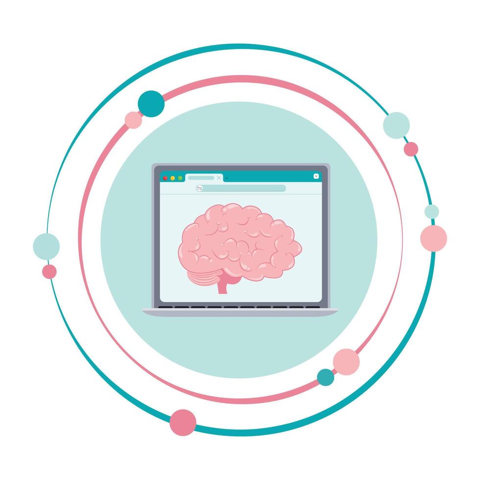 Artificial Intelligence brain displayed on a computer laptop screen icon vector