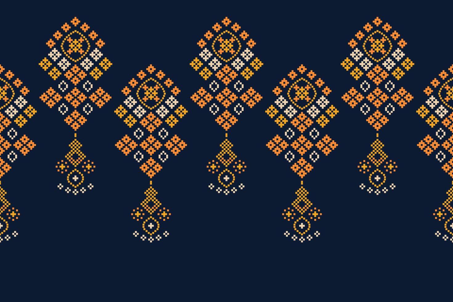 Traditional ethnic motifs ikat geometric fabric pattern cross stitch.Ikat embroidery Ethnic oriental Pixel navy blue background. Abstract,illustration. Texture,decoration,wallpaper. vector