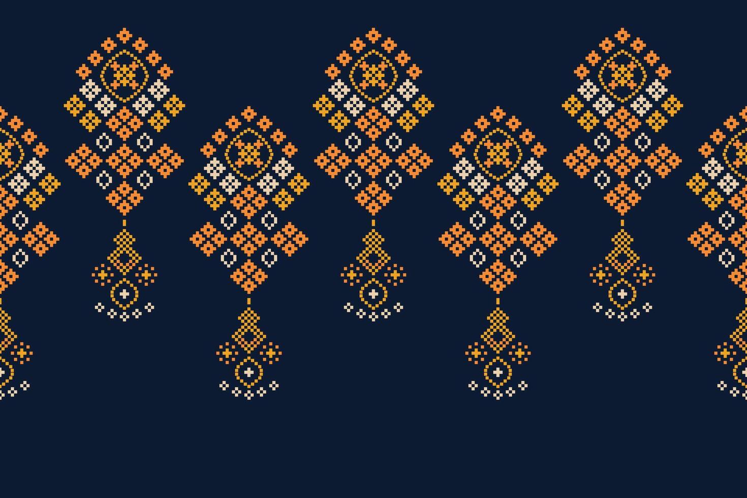 Traditional ethnic motifs ikat geometric fabric pattern cross stitch.Ikat embroidery Ethnic oriental Pixel navy blue background. Abstract,illustration. Texture,decoration,wallpaper. vector