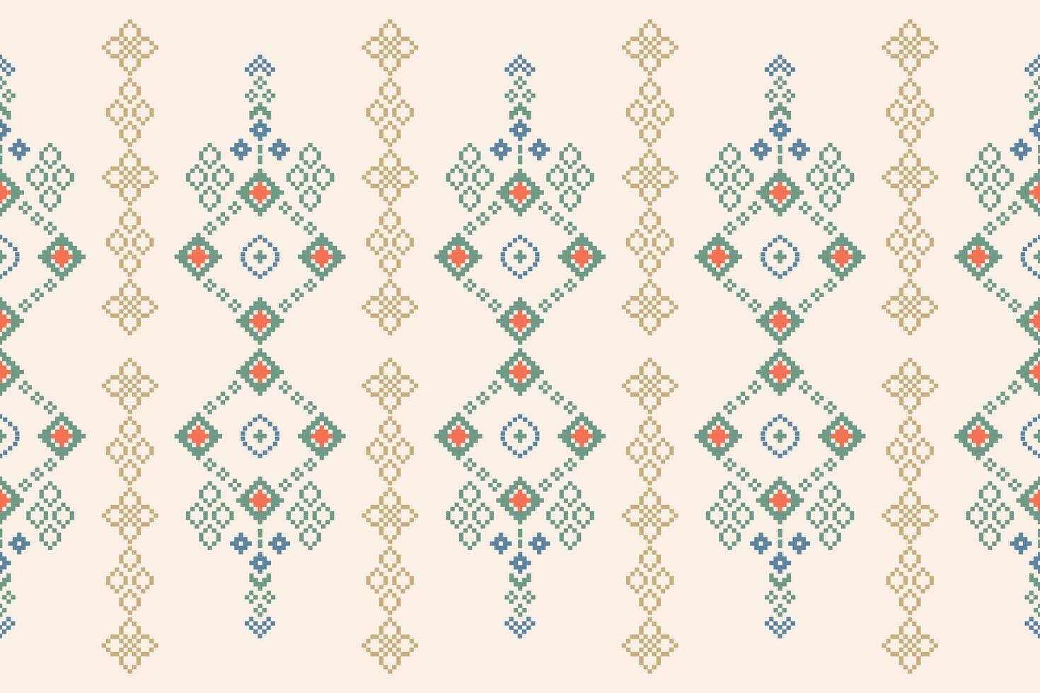 Traditional ethnic motifs ikat geometric fabric pattern cross stitch.Ikat embroidery Ethnic oriental Pixel brown cream background. Abstract,illustration. Texture,scarf,decoration,wallpaper. vector