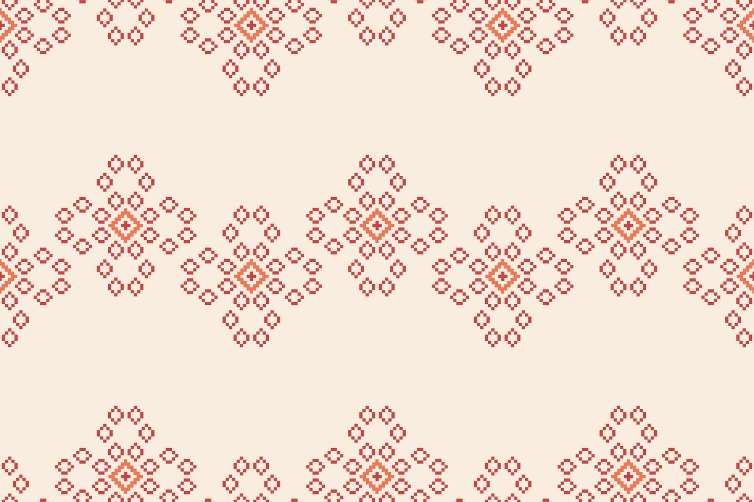 Traditional ethnic motifs ikat geometric fabric pattern cross stitch.Ikat embroidery Ethnic oriental Pixel brown cream background. Abstract,illustration. Texture,scarf,decoration,wallpaper. vector