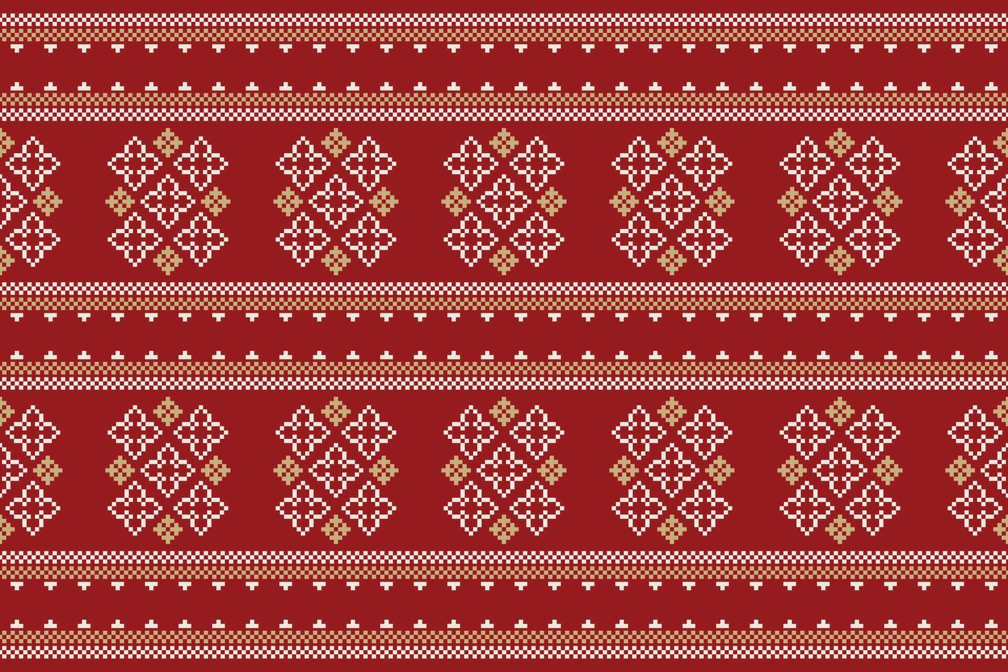 Traditional ethnic motifs ikat geometric fabric pattern cross stitch.Ikat embroidery Ethnic oriental Pixel red background. Abstract,illustration. Texture,christmas,decoration,wallpaper. vector