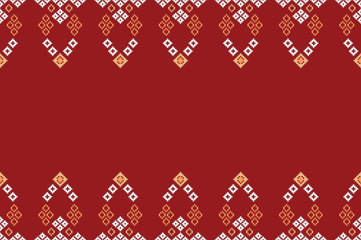 Traditional ethnic motifs ikat geometric fabric pattern cross stitch.Ikat embroidery Ethnic oriental Pixel red background. Abstract,illustration. Texture,christmas,decoration,wallpaper. vector