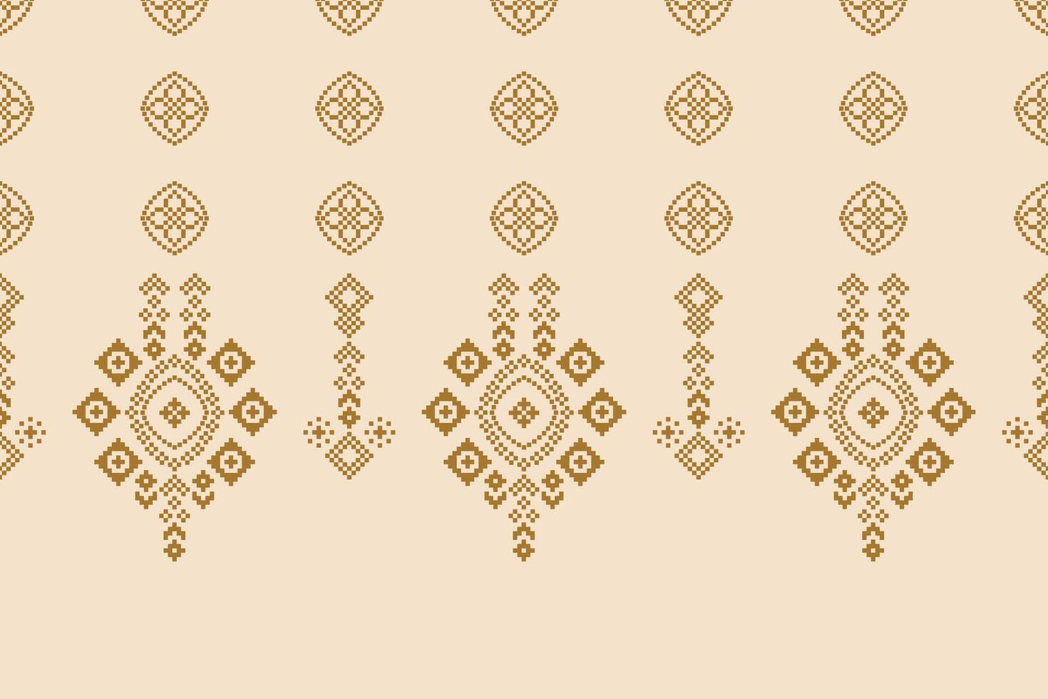 Traditional ethnic motifs ikat geometric fabric pattern cross stitch.Ikat embroidery Ethnic oriental Pixel brown cream background. Abstract,illustration. Texture,scarf,decoration,wallpaper. vector