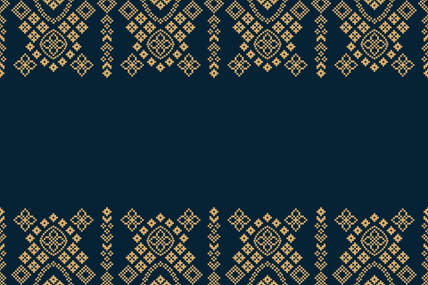 Traditional ethnic motifs ikat geometric fabric pattern cross stitch.Ikat embroidery Ethnic oriental Pixel navy blue background. Abstract,illustration. Texture,decoration,wallpaper. vector