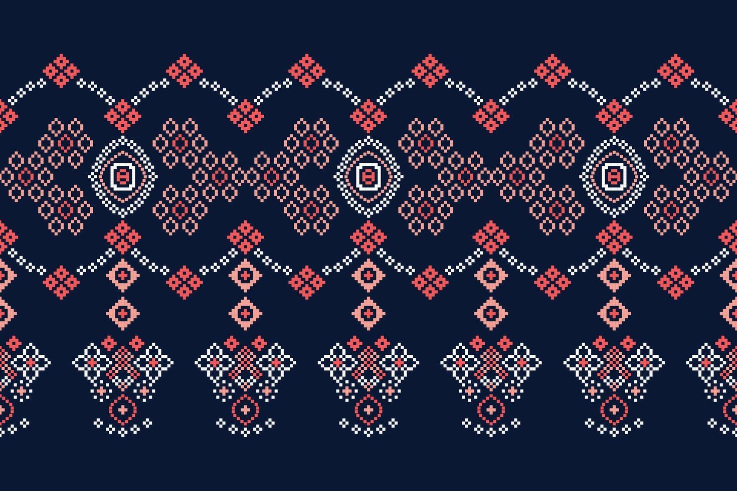 Traditional ethnic motifs ikat geometric fabric pattern cross stitch.Ikat embroidery Ethnic oriental Pixel navy blue background. Abstract,illustration. Texture,decoration,wallpaper. vector