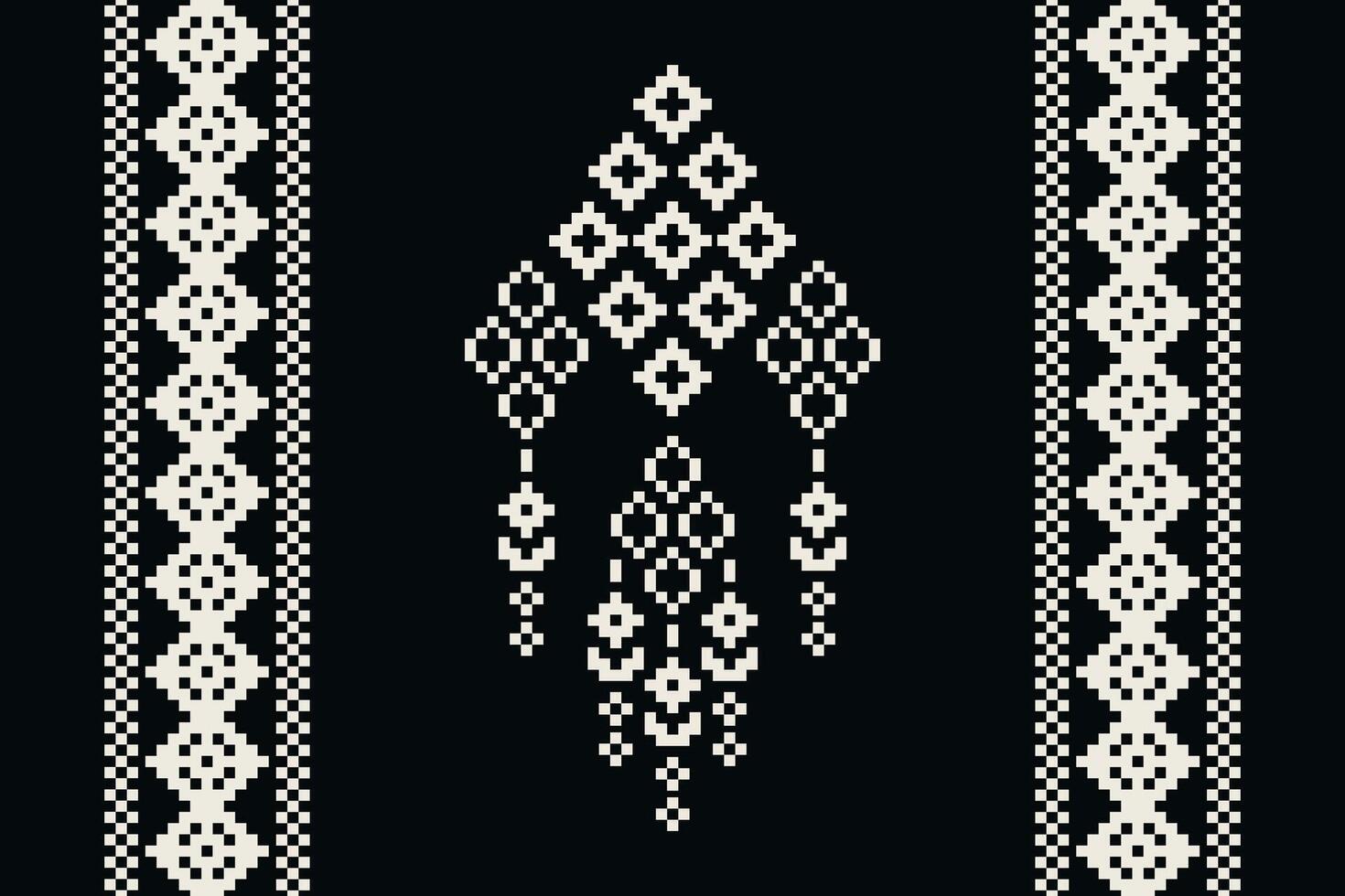 Traditional black ethnic motifs ikat geometric fabric pattern cross stitch.Ikat embroidery Ethnic oriental Pixel black background.Abstract,illustration. Texture,decoration,wallpaper. vector