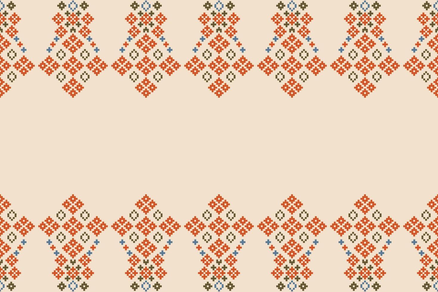 Traditional ethnic motifs ikat geometric fabric pattern cross stitch.Ikat embroidery Ethnic oriental Pixel brown cream background. Abstract,illustration. Texture,scarf,decoration,wallpaper. vector