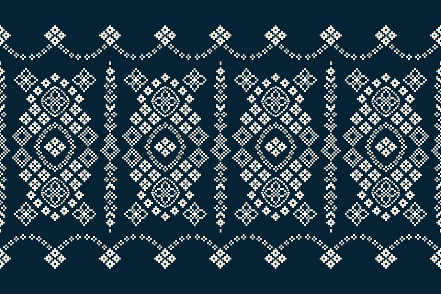 Traditional ethnic motifs ikat geometric fabric pattern cross stitch.Ikat embroidery Ethnic oriental Pixel navy blue background. Abstract,illustration. Texture,decoration,wallpaper. vector