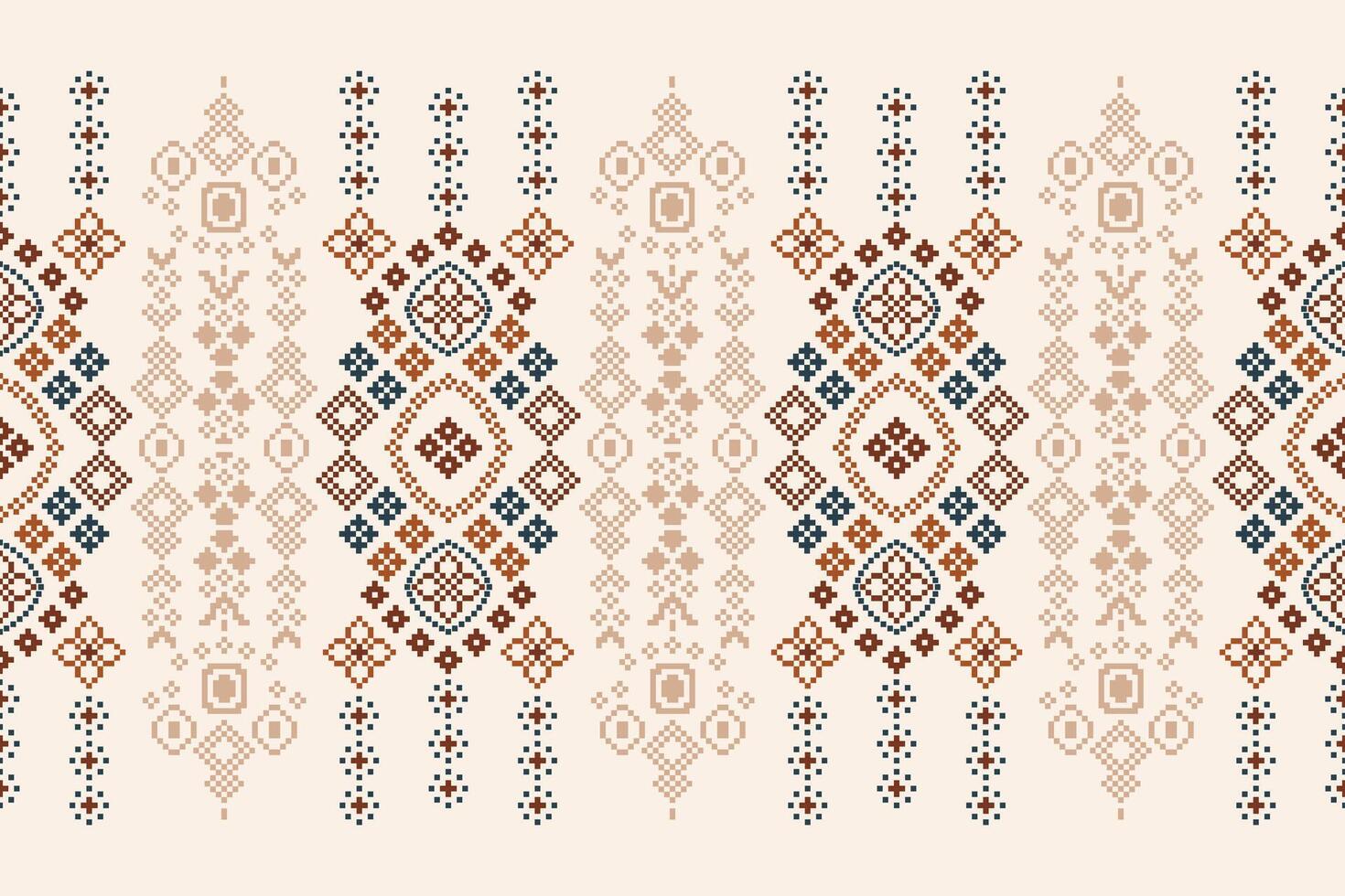 Traditional ethnic motifs ikat geometric fabric pattern cross stitch.Ikat embroidery Ethnic oriental Pixel brown cream background. Abstract,illustration. Texture,scarf,decoration,wallpaper. vector