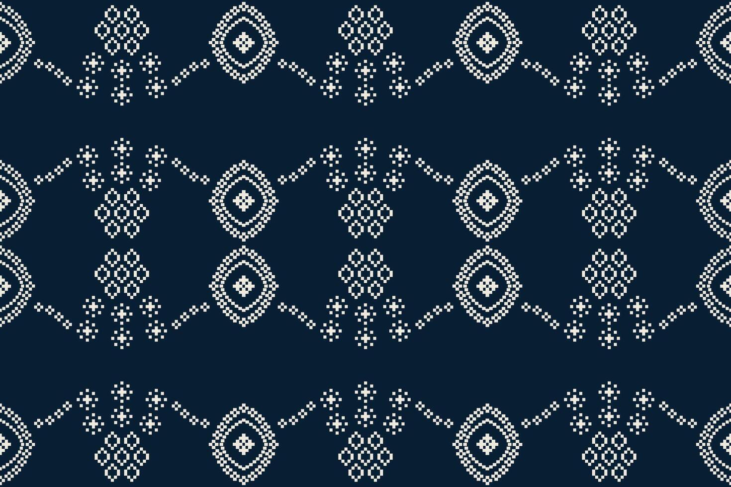 Traditional ethnic motifs ikat geometric fabric pattern cross stitch.Ikat embroidery Ethnic oriental Pixel navy blue background. Abstract,illustration. Texture,decoration,wallpaper. vector