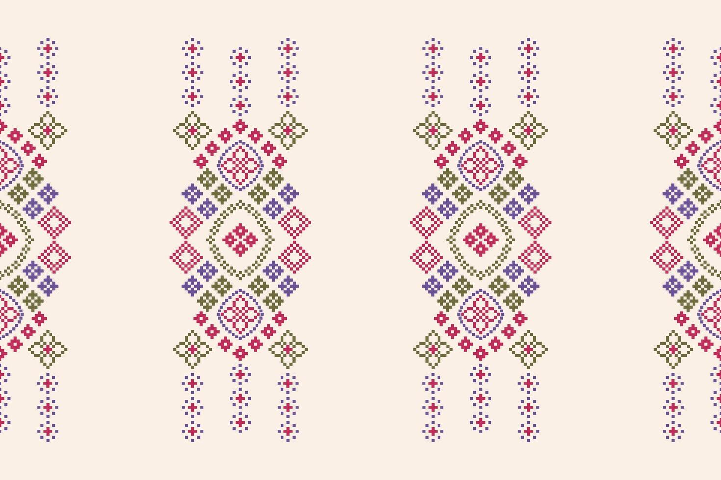 Traditional ethnic motifs ikat geometric fabric pattern cross stitch.Ikat embroidery Ethnic oriental Pixel brown cream background. Abstract,illustration. Texture,scarf,decoration,wallpaper. vector