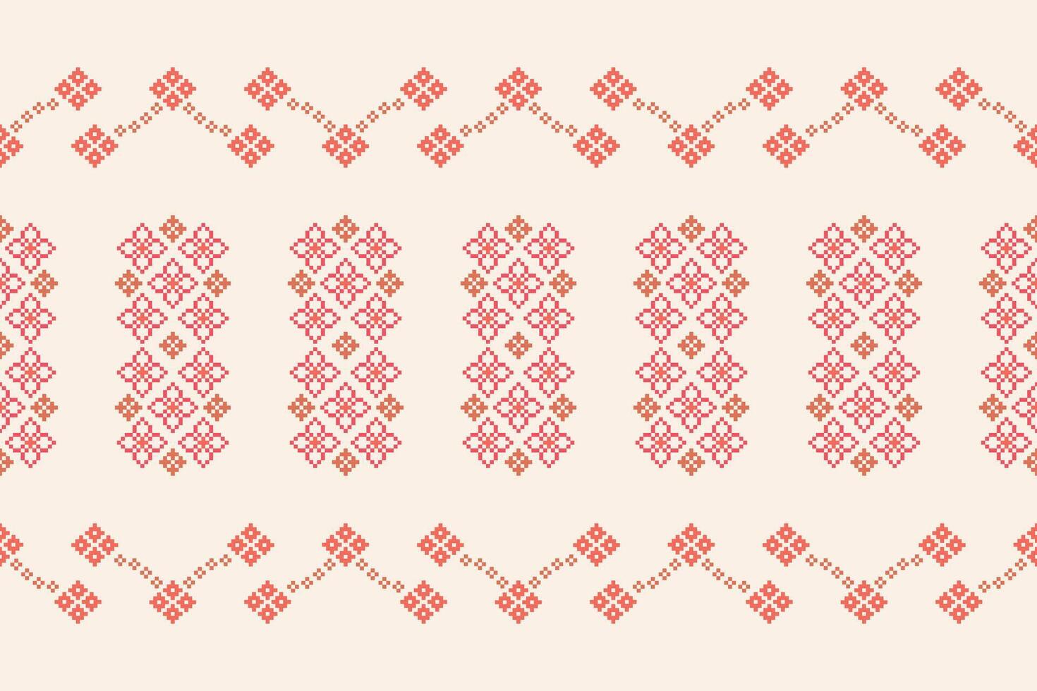 Traditional ethnic motifs ikat geometric fabric pattern cross stitch.Ikat embroidery Ethnic oriental Pixel brown cream background. Abstract,illustration. Texture,scarf,decoration,wallpaper. vector