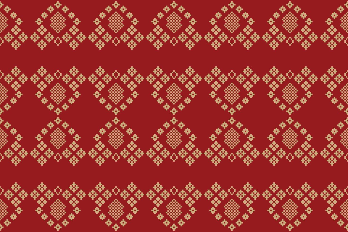 Traditional ethnic motifs ikat geometric fabric pattern cross stitch.Ikat embroidery Ethnic oriental Pixel red background. Abstract,illustration. Texture,christmas,decoration,wallpaper. vector