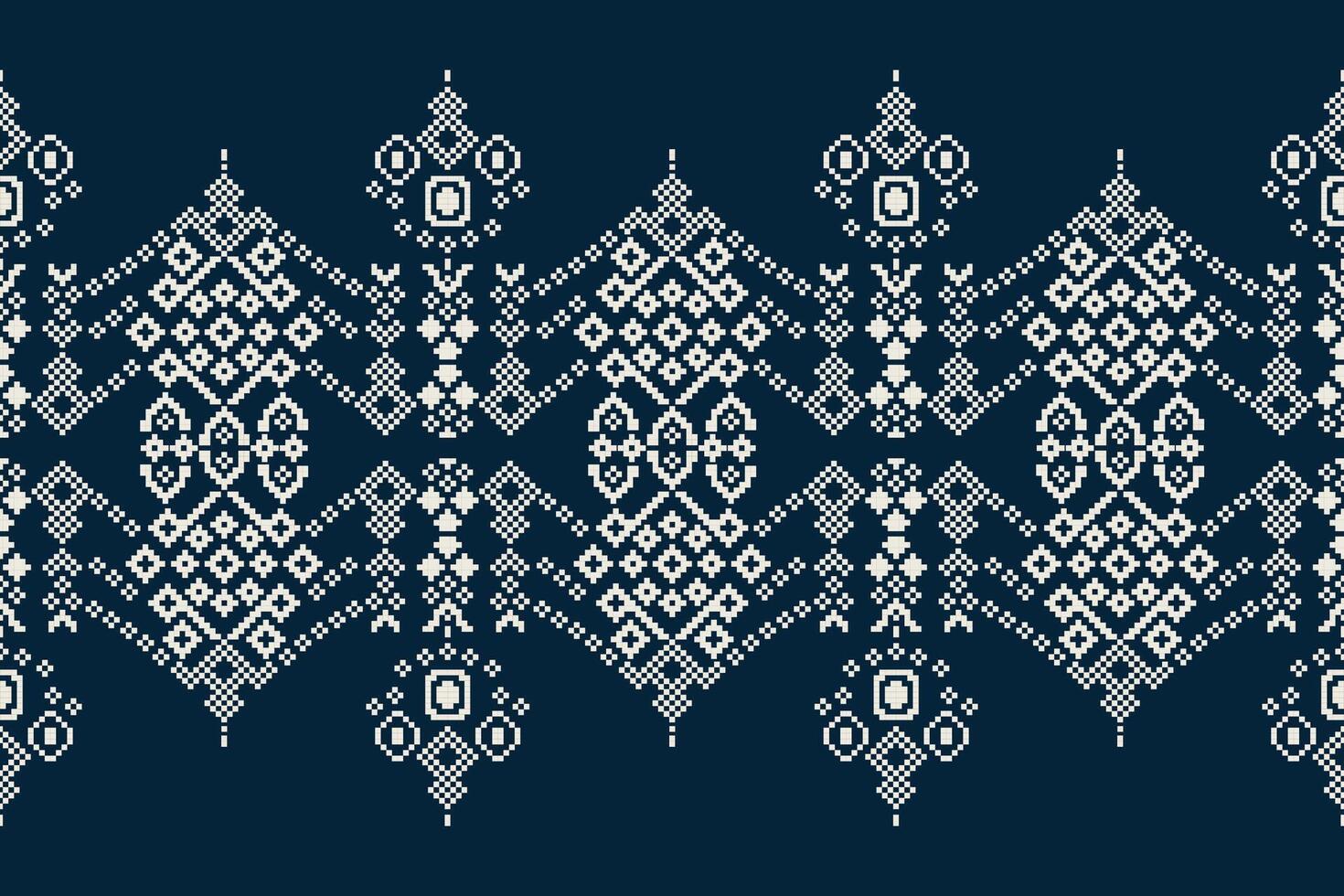 Traditional ethnic motifs ikat geometric fabric pattern cross stitch.Ikat embroidery Ethnic oriental Pixel navy blue background. Abstract,illustration. Texture,decoration,wallpaper. vector