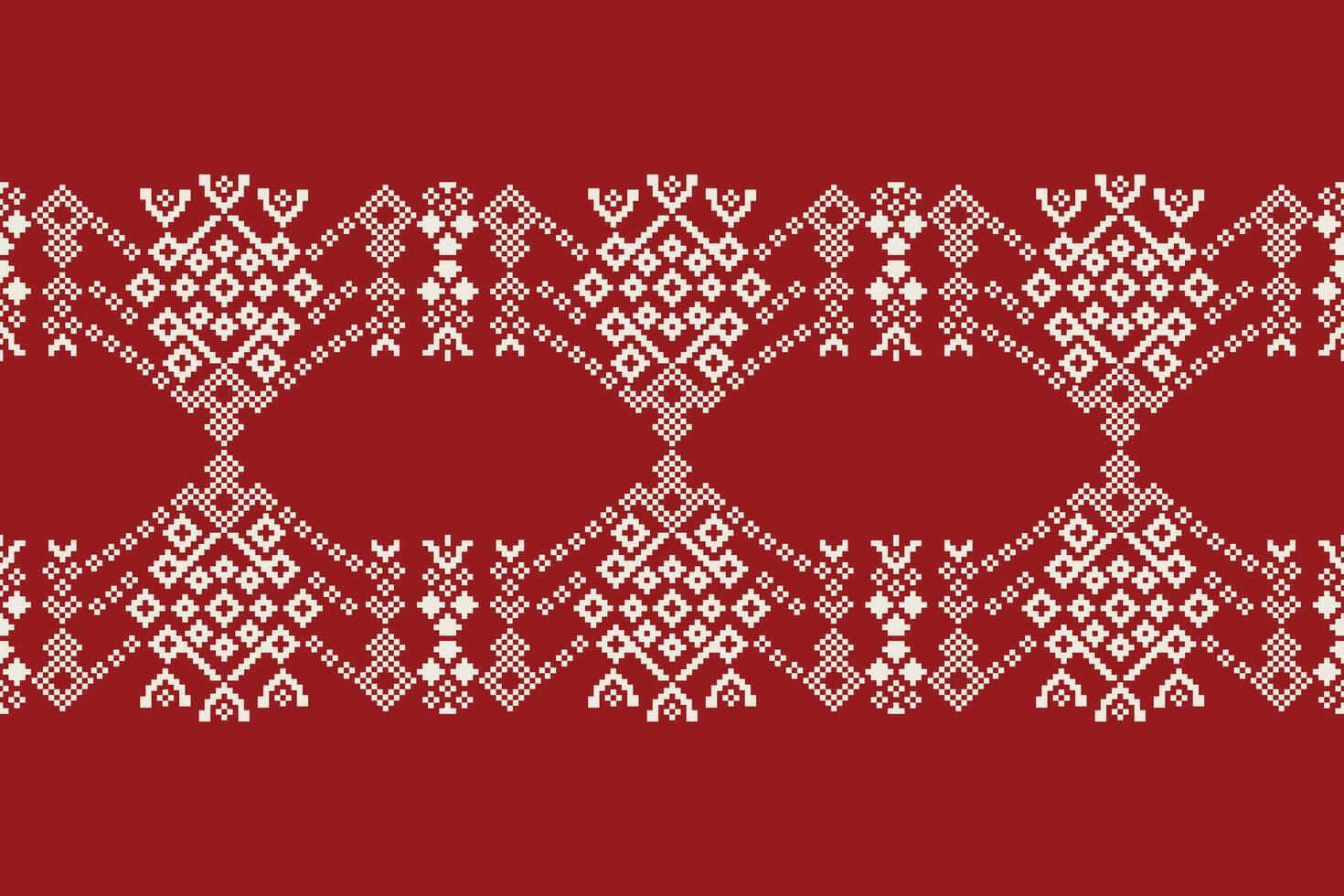 Traditional ethnic motifs ikat geometric fabric pattern cross stitch.Ikat embroidery Ethnic oriental Pixel red background. Abstract,illustration. Texture,christmas,decoration,wallpaper. vector