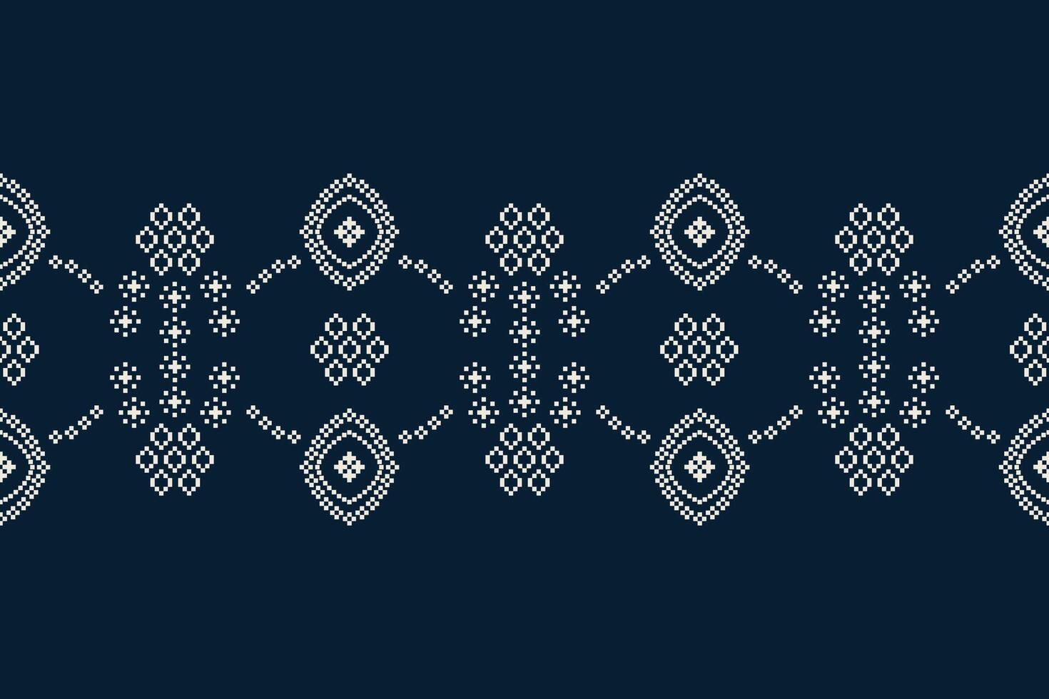 Traditional ethnic motifs ikat geometric fabric pattern cross stitch.Ikat embroidery Ethnic oriental Pixel navy blue background. Abstract,illustration. Texture,decoration,wallpaper. vector