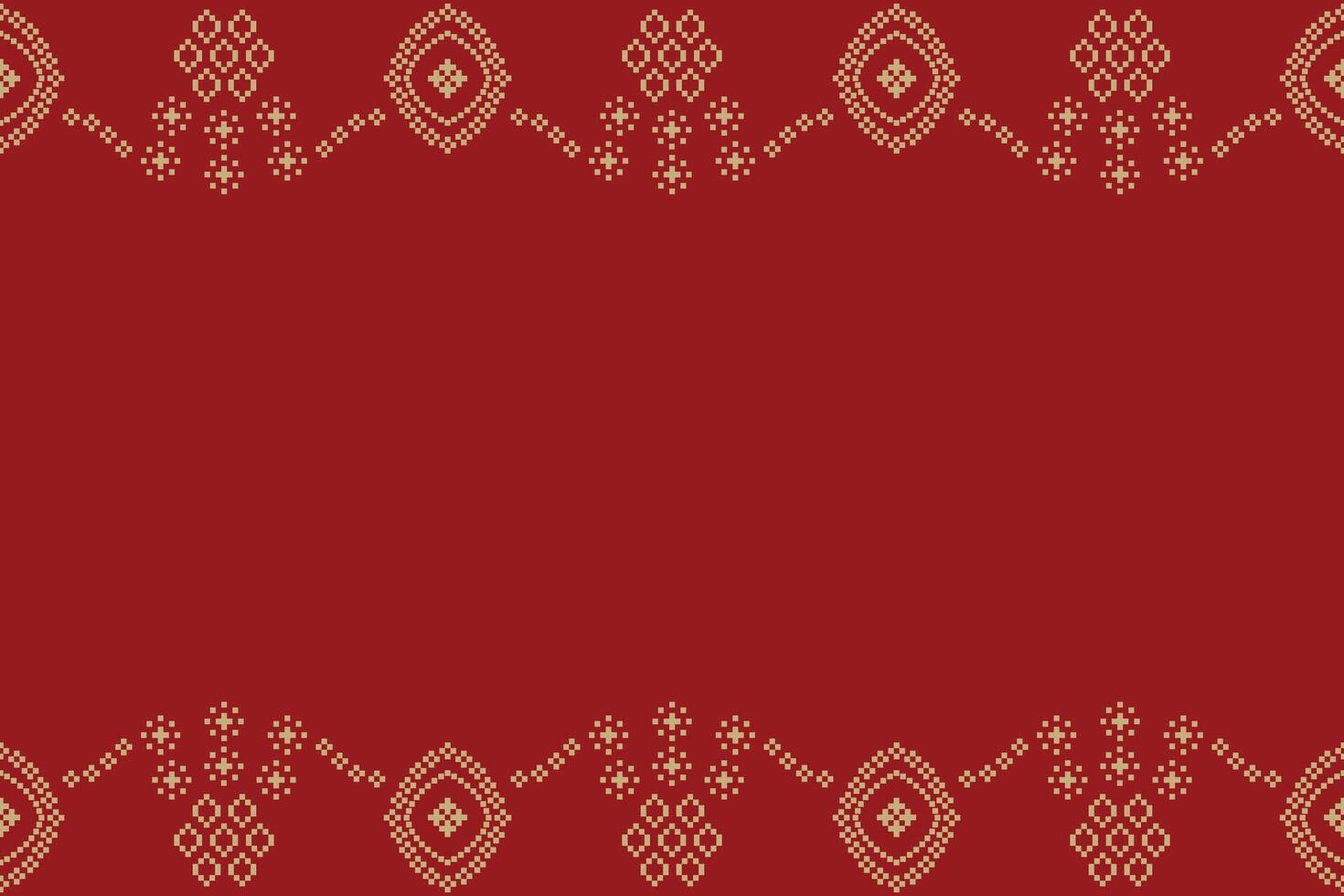 Traditional ethnic motifs ikat geometric fabric pattern cross stitch.Ikat embroidery Ethnic oriental Pixel red background. Abstract,illustration. Texture,christmas,decoration,wallpaper. vector