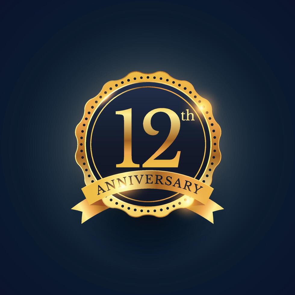 12th anniversary celebration badge label in golden color vector