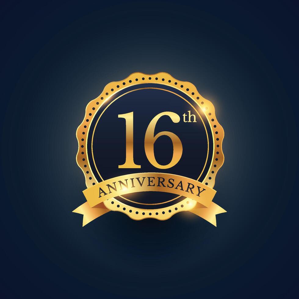 16th anniversary celebration badge label in golden color vector