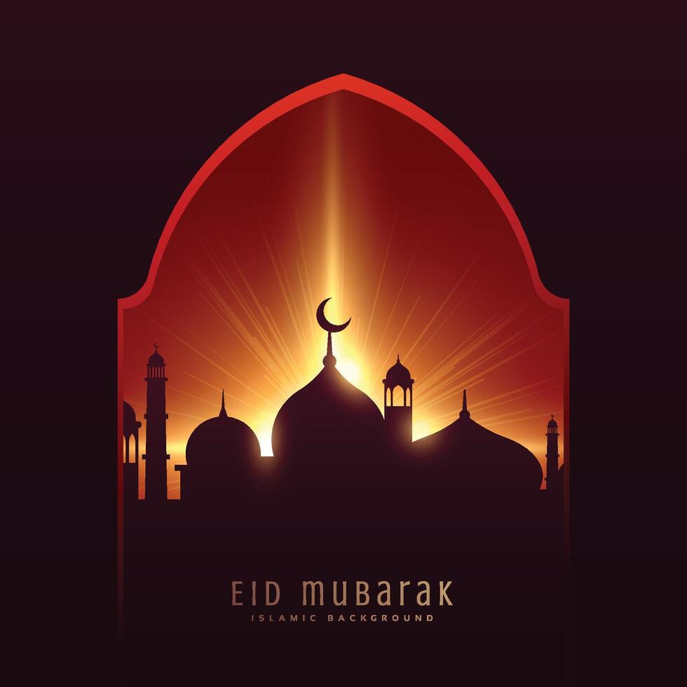 festival greeting for muslim eid mubarak with mosque and rays background vector