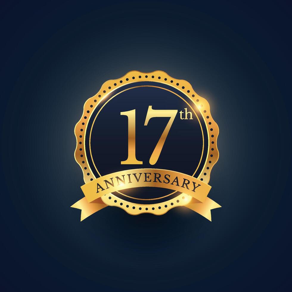 17th anniversary celebration badge label in golden color vector