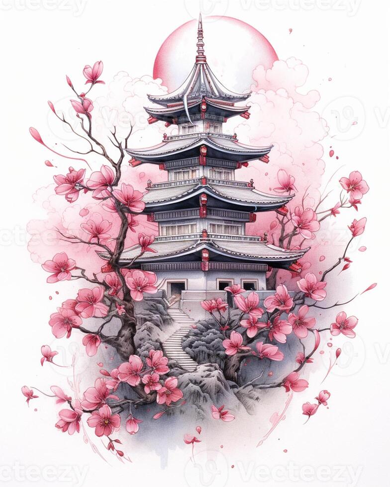 Japanese Pagoda Tower with Cherry Drawings photo