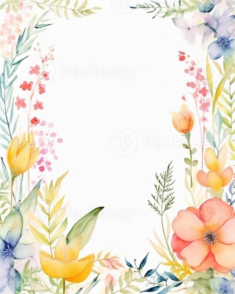 Watercolor Floral Frame with Leaves and Flowers photo