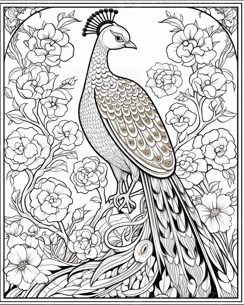 Adult Coloring Page with Decorative Peacock photo