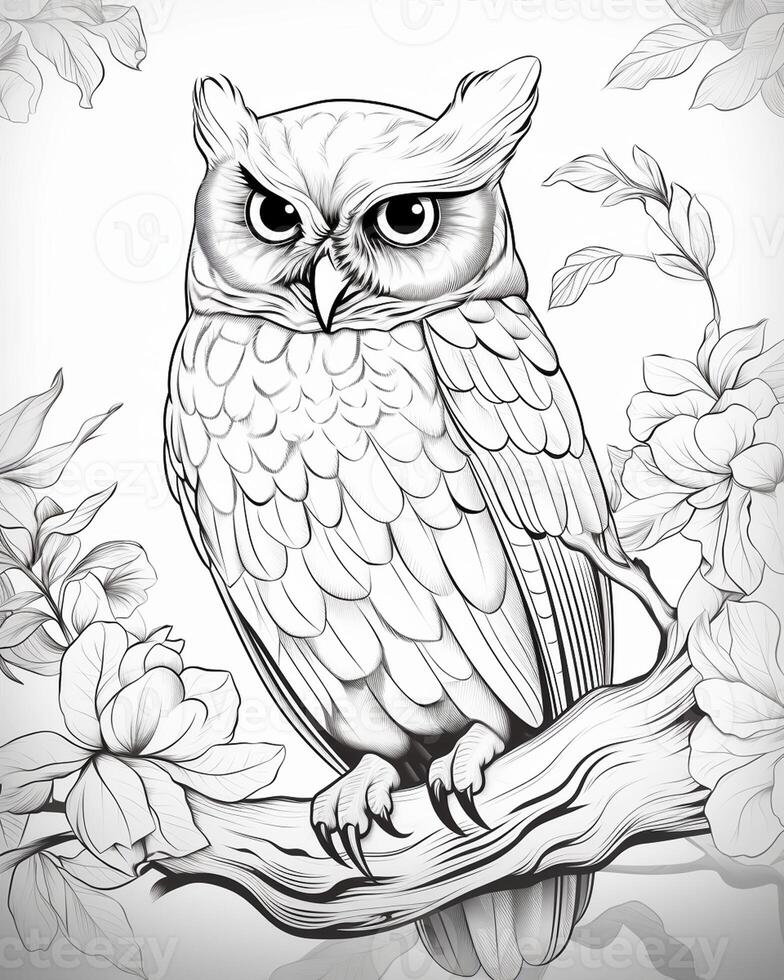 Bigheaded Owl Sits in a Branch in a Garden photo