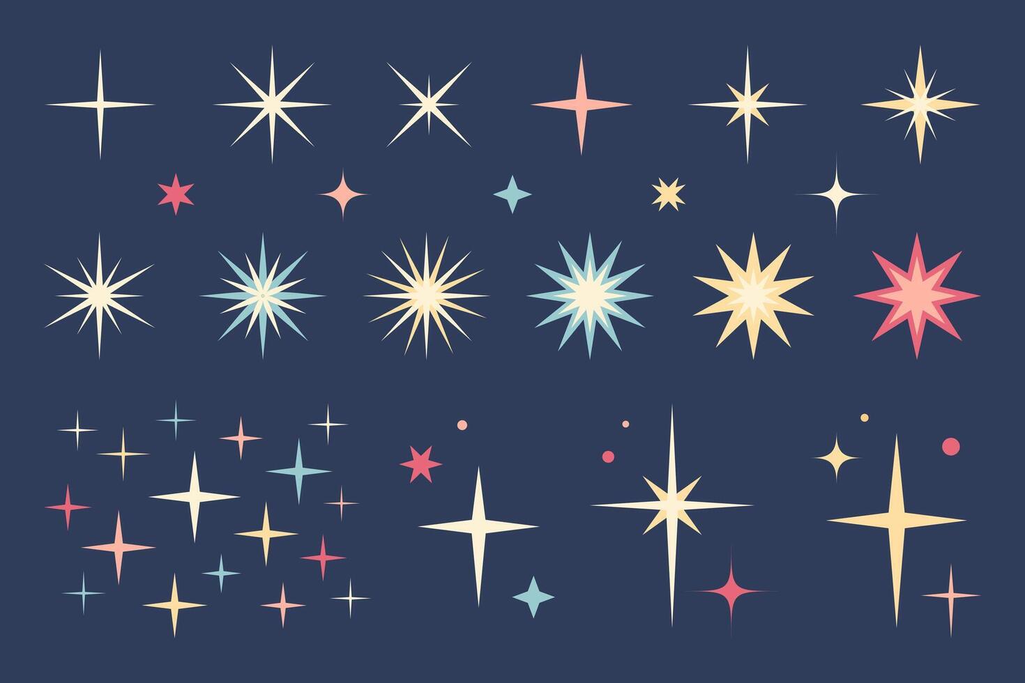 Color retro futuristic sparkle icons collection. Set of star shapes on dark blue background vector