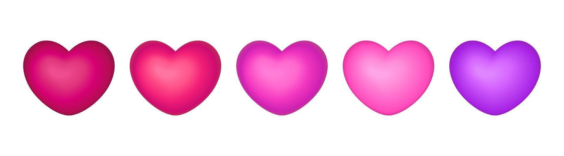 Set of red, pink and purple 3D hearts isolated on white background vector