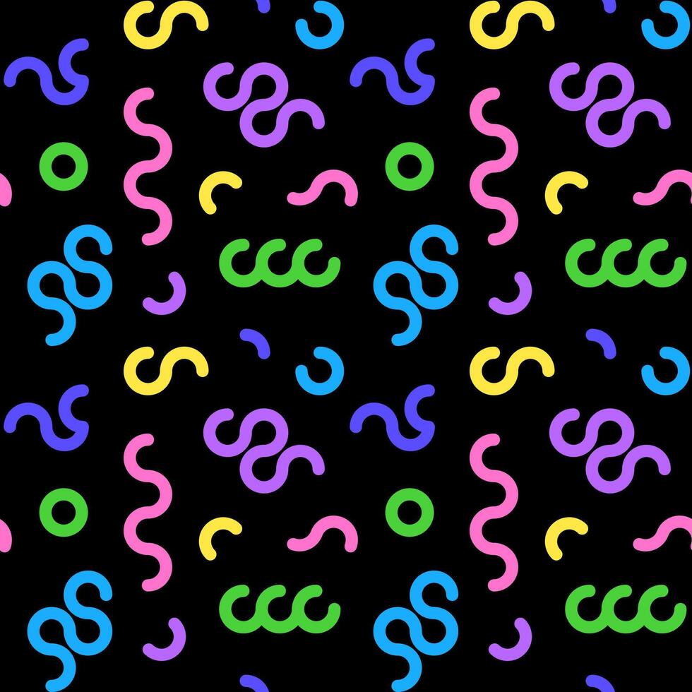 Colorful line doodle seamless pattern. Simple scribbles on black background vector