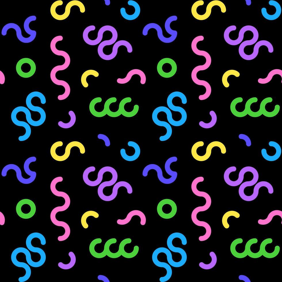 Colorful line doodle seamless pattern. Simple scribbles on black background vector