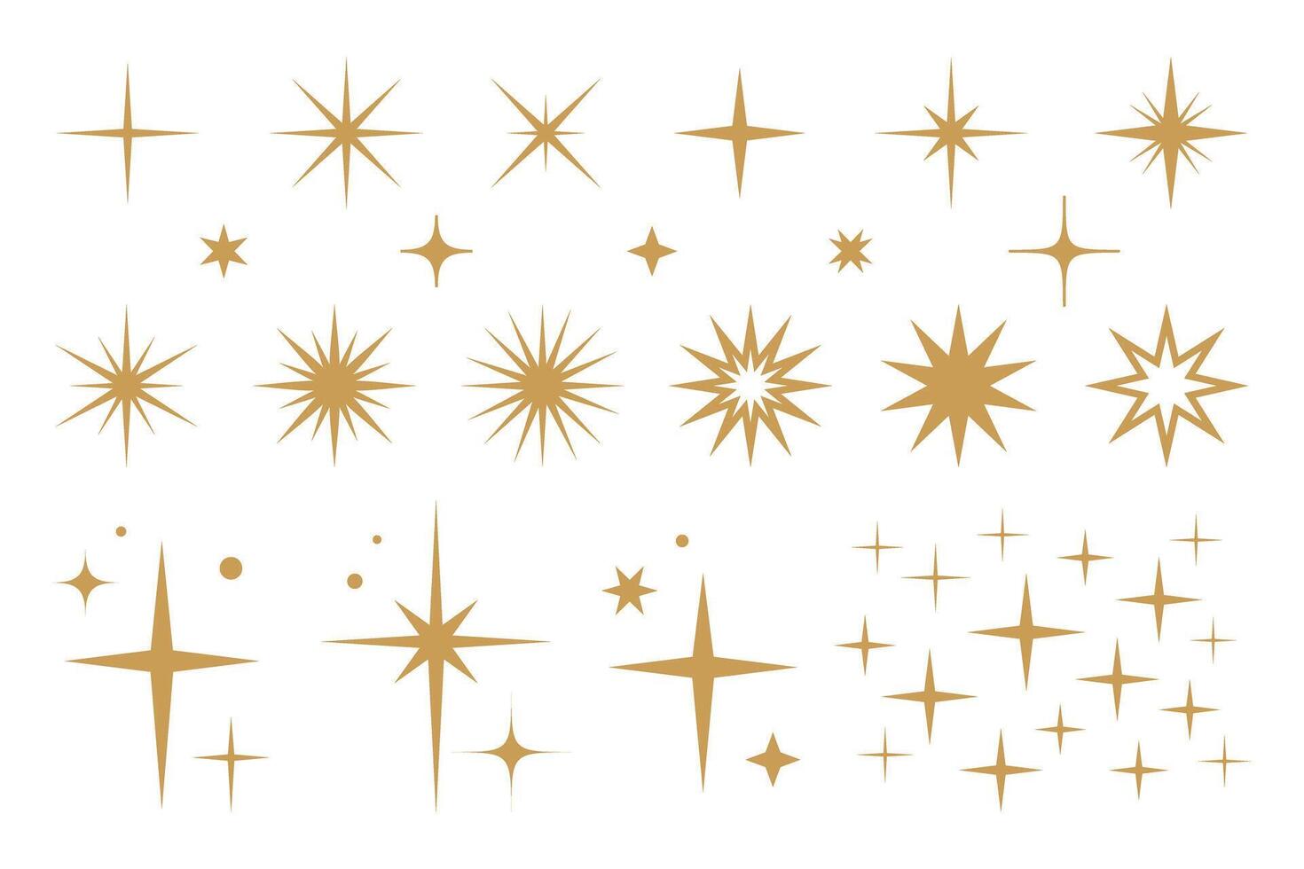 Gold futuristic sparkle icons collection. Set of stars shapes on white background vector