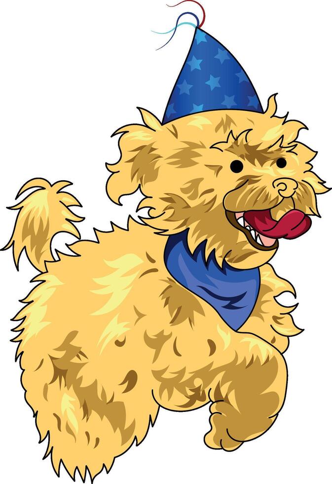 frespuder perro con amarillo pelo, saltando contento con cumpleaños sombrero vector