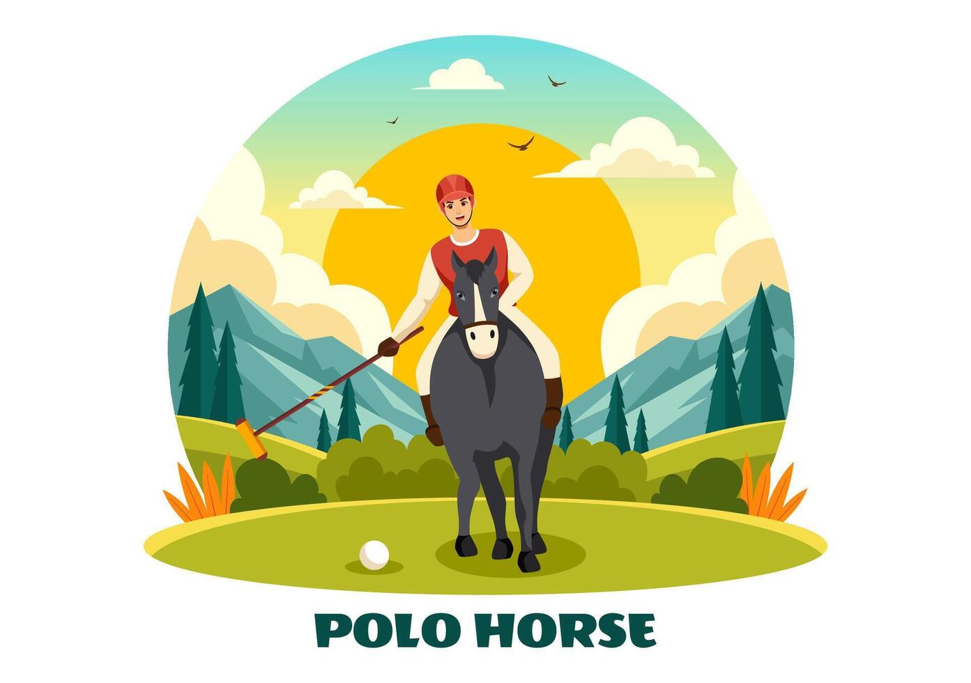 polo caballo Deportes ilustración con jugador montando caballo y participación palo utilizar equipo conjunto a competencia en plano dibujos animados antecedentes vector