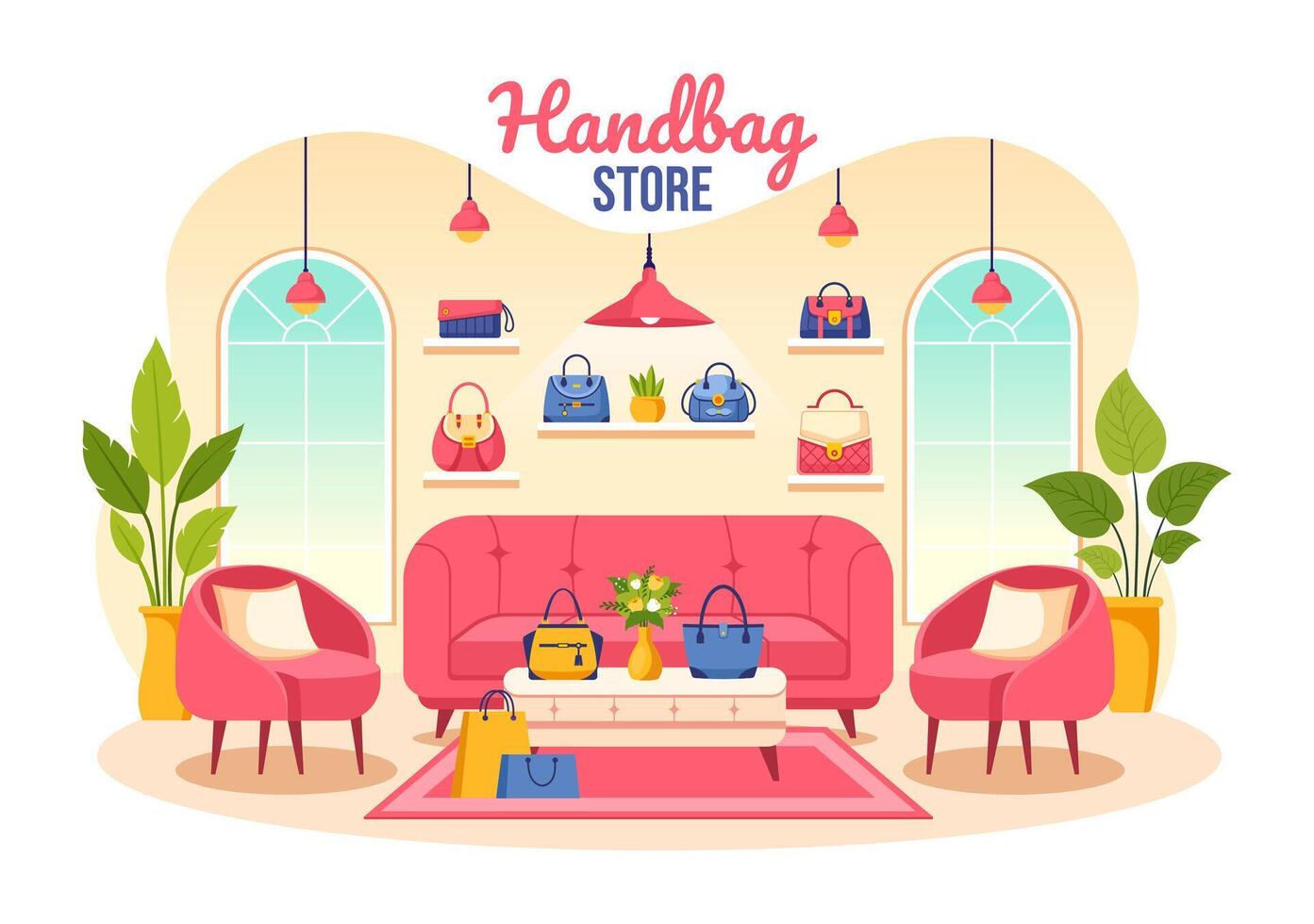 bolso Tienda ilustración con colección de varios calidad pantalones y diferente tipos de estilo de vida en plano dibujos animados antecedentes diseño vector