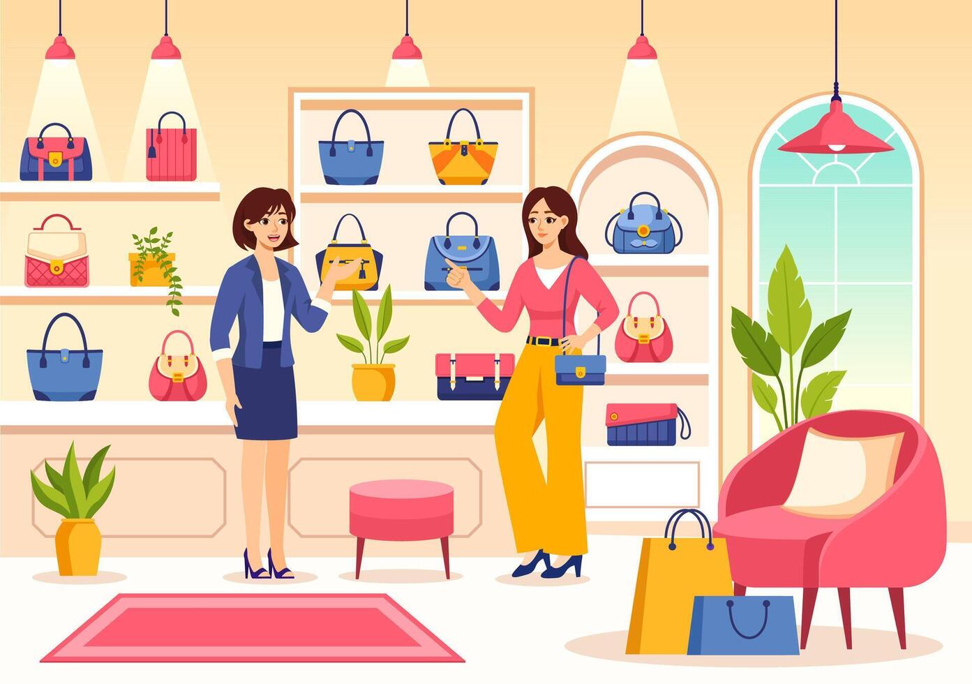 bolso Tienda ilustración con colección de varios calidad pantalones y diferente tipos de estilo de vida en plano dibujos animados antecedentes diseño vector