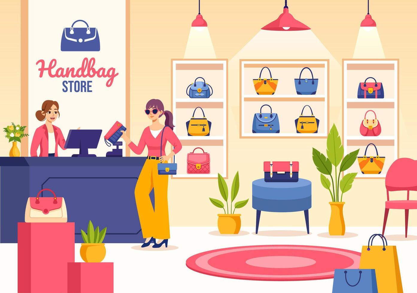 bolso Tienda ilustración con colección de varios calidad pantalones y diferente tipos de estilo de vida en plano dibujos animados antecedentes diseño vector