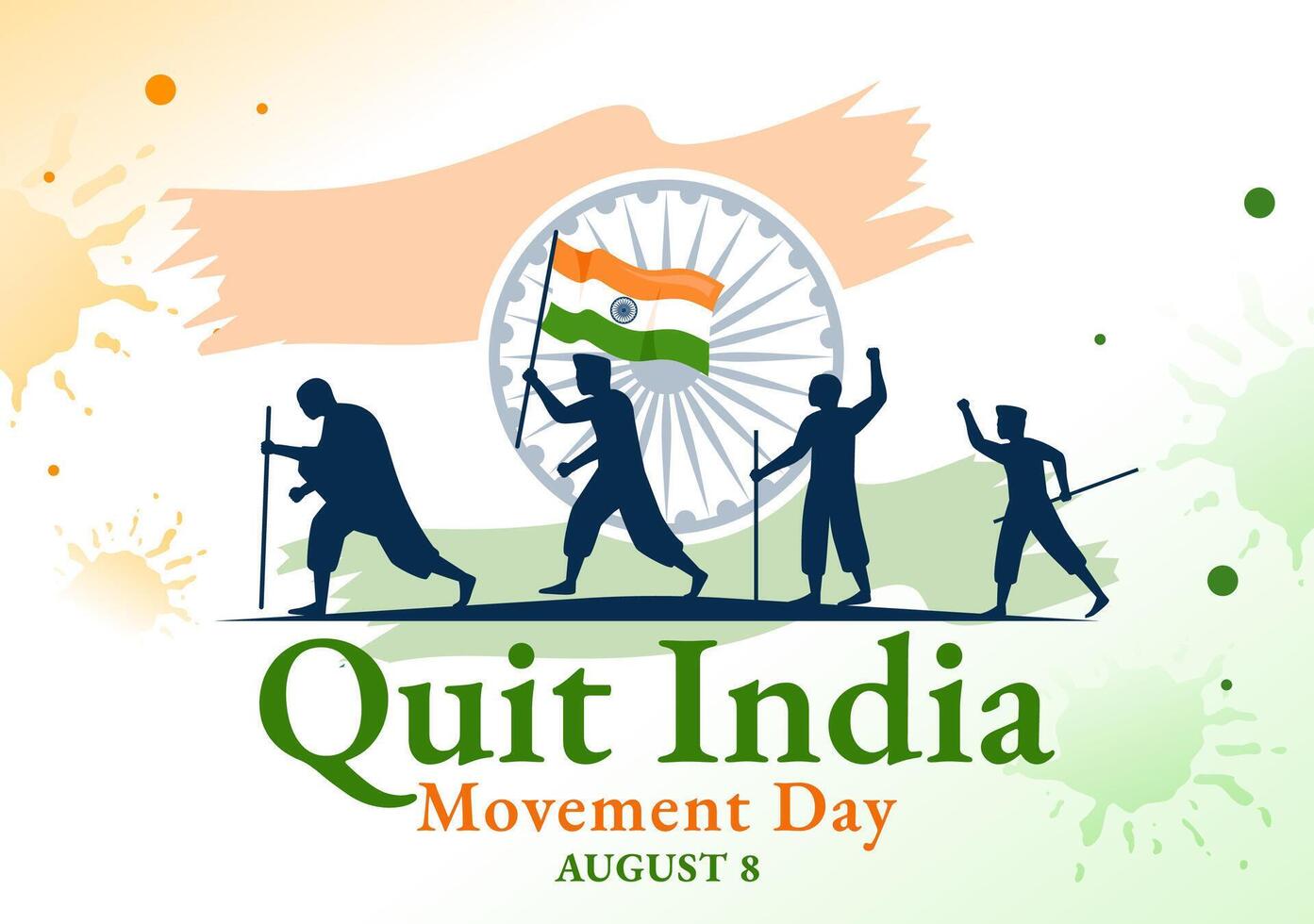 dejar India movimiento día ilustración en 8 agosto con indio bandera y personas silueta en plano dibujos animados antecedentes diseño vector